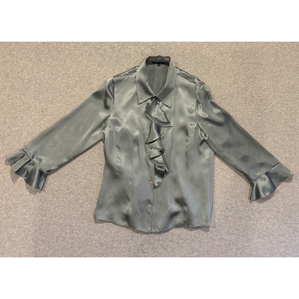 Anne Klein AK Silk Ruffle Front Blouse Dusty Blue Grey Satin Top Size (4)